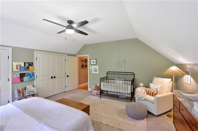 18123 Cusachs Dr, Covington, LA 70433 - bedroom with vaulted ceiling, light carpet, ceiling fan, and a closet