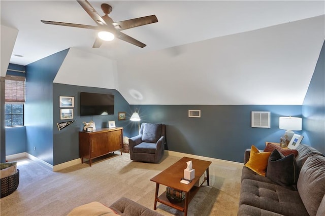 18123 Cusachs Dr, Covington, LA 70433 - living room featuring light colored carpet, baseboards, ceiling fan, and vaulted ceiling