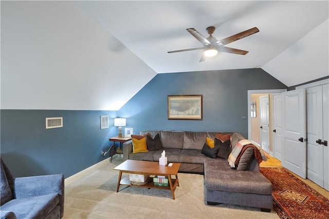 18123 Cusachs Dr, Covington, LA 70433 - living area with a ceiling fan, lofted ceiling, baseboards, and carpet