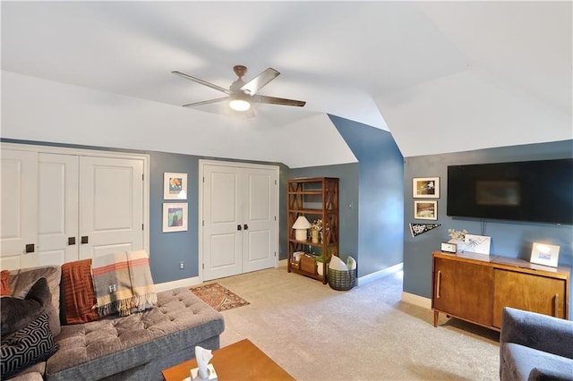18123 Cusachs Dr, Covington, LA 70433 - living room with a ceiling fan, carpet flooring, baseboards, and vaulted ceiling