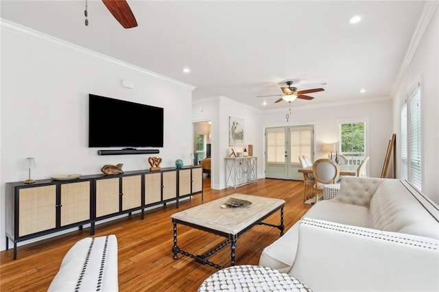 502 W 7th Ave, Covington, LA 70433 - living room with a ceiling fan, ornamental molding, recessed lighting, and wood finished floors