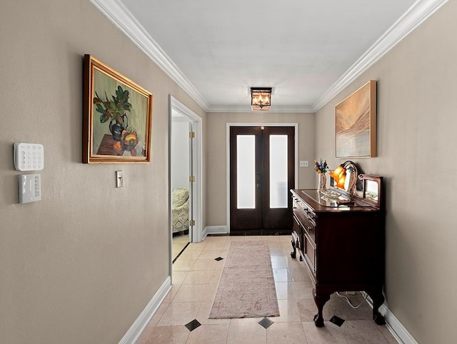 1104 Sena Dr, Metairie, LA 70005 - foyer entrance with french doors, crown molding, baseboards, and light tile patterned floors