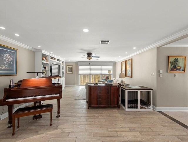 1104 Sena Dr, Metairie, LA 70005 - living room featuring ornamental molding, ceiling fan, recessed lighting, baseboards, and light wood-style floors