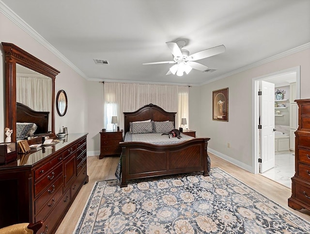 1104 Sena Dr, Metairie, LA 70005 - bedroom featuring crown molding, baseboards, light wood-type flooring, and ceiling fan