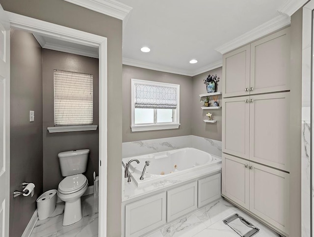 1104 Sena Dr, Metairie, LA 70005 - bathroom with marble finish floors, toilet, a whirlpool tub, crown molding, and recessed lighting