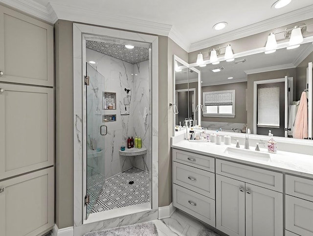 1104 Sena Dr, Metairie, LA 70005 - bathroom featuring marble look tile flooring, a marble finish shower, vanity, recessed lighting, and crown molding
