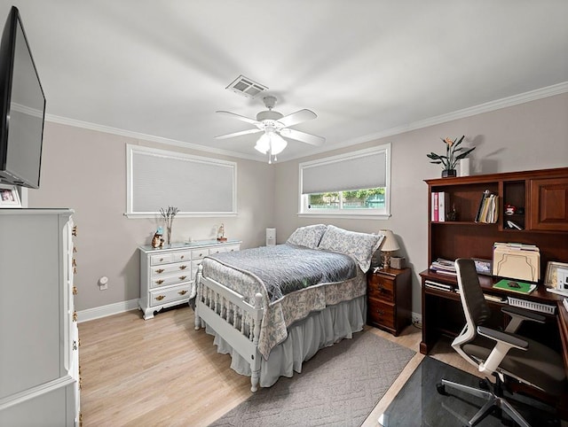 1104 Sena Dr, Metairie, LA 70005 - bedroom with light wood-style flooring, ornamental molding, a desk, baseboards, and ceiling fan