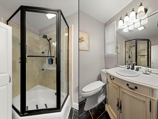 1104 Sena Dr, Metairie, LA 70005 - bathroom featuring vanity, toilet, shower / bath combination with glass door, marble finish flooring, and baseboards
