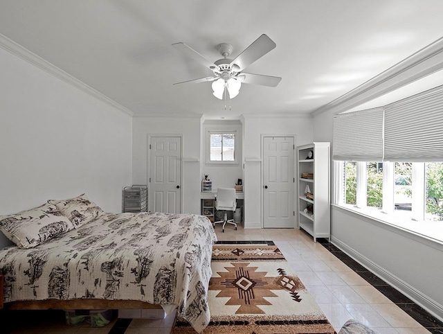 1104 Sena Dr, Metairie, LA 70005 - bedroom featuring light tile patterned floors, a desk, ornamental molding, baseboards, and a ceiling fan