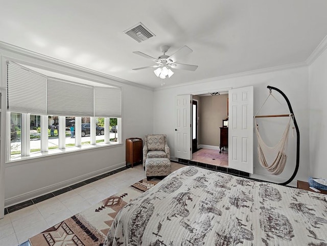 1104 Sena Dr, Metairie, LA 70005 - bedroom with ornamental molding, baseboards, light tile patterned floors, and ceiling fan