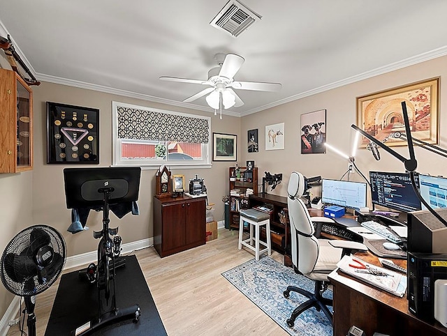 1104 Sena Dr, Metairie, LA 70005 - office area with a ceiling fan, wood finished floors, ornamental molding, and baseboards
