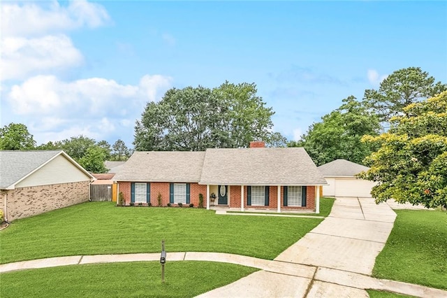 414 Pine Forest Dr, Slidell, LA 70458 - view of front of property with brick siding, a chimney, a detached garage, and covered porch