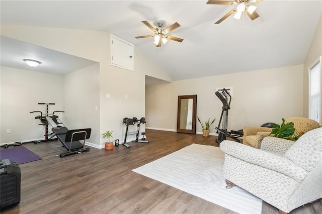 2300 Fenelon St, Chalmette, LA 70043 - workout area with vaulted ceiling, ceiling fan, wood finished floors, and baseboards