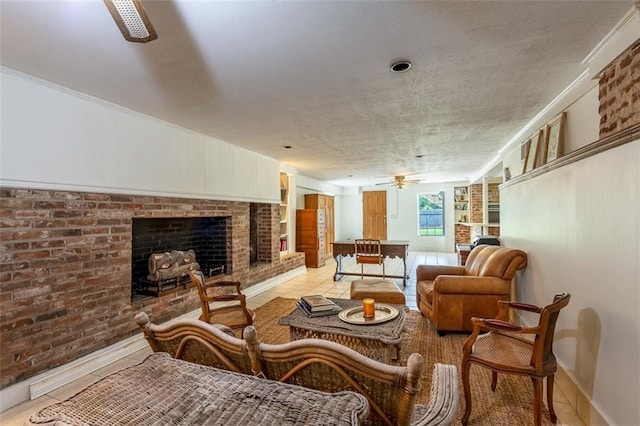 212 Linton Ave, Natchez-Ms, MS 39120 - living room featuring a brick fireplace, a ceiling fan, light tile patterned floors, baseboards, and a textured ceiling