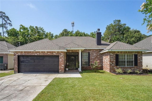 1400 Viola St, Mandeville, LA 70448 - ranch-style house with an attached garage, a front yard, concrete driveway, a chimney, and roof with shingles