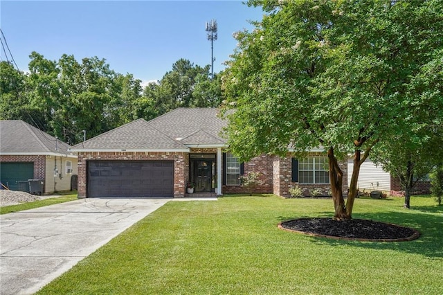 1400 Viola St, Mandeville, LA 70448 - view of front facade featuring a garage, concrete driveway, a front yard, brick siding, and roof with shingles