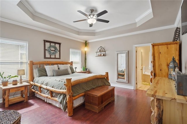 1400 Viola St, Mandeville, LA 70448 - bedroom featuring a raised ceiling, hardwood / wood-style floors, ornamental molding, baseboards, and a ceiling fan