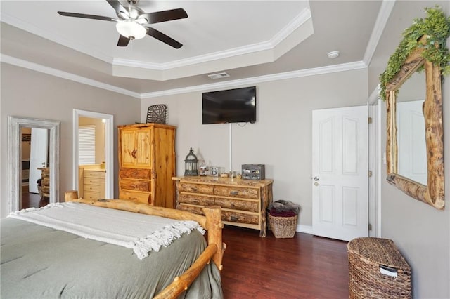 1400 Viola St, Mandeville, LA 70448 - bedroom featuring dark wood-style floors, a raised ceiling, ornamental molding, and ceiling fan