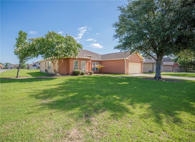 39070 Pirogue Ave, Gonzales, LA 70737 - single story home featuring an attached garage, a front yard, stucco siding, and concrete driveway