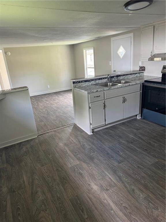 611 E Michigan St, Hammond, LA 70401 - kitchen featuring stainless steel range with electric stovetop, a sink, a peninsula, range hood, and dark wood finished floors