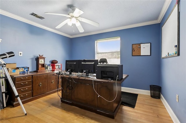 1825 Lake Superior Dr, Harvey, LA 70058 - home office featuring light wood-type flooring, ornamental molding, ceiling fan, baseboards, and a textured ceiling