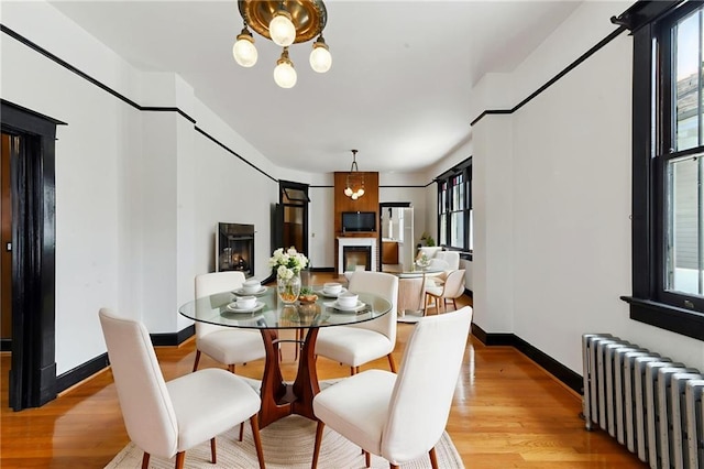 1311 Bourbon St, New Orleans, LA 70116 - dining area featuring radiator heating unit, light wood-style flooring, and baseboards
