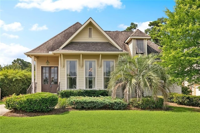 view of front of house featuring a front lawn and roof with shingles
