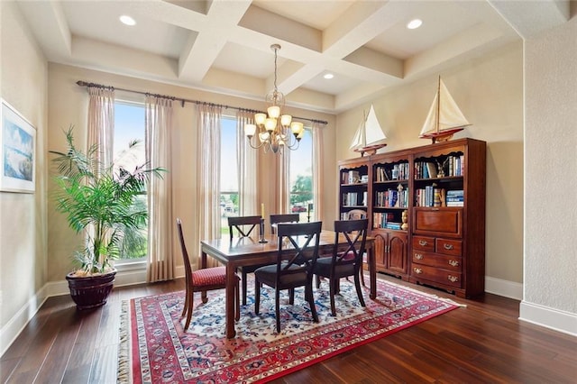 dining room featuring coffered ceiling, a chandelier, wood-type flooring, baseboards, and beamed ceiling