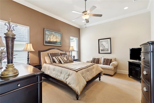 bedroom featuring crown molding, light carpet, baseboards, recessed lighting, and ceiling fan