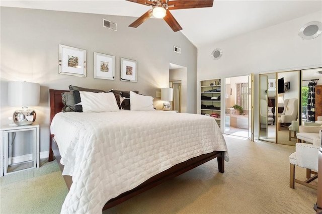 3213 Tolmas Dr, Metairie, LA 70002 - bedroom with light colored carpet, high vaulted ceiling, and ceiling fan
