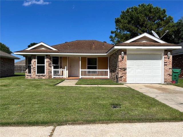 2506 S Sugar Ridge Dr, La Place, LA 70068 - ranch-style house with concrete driveway, a garage, covered porch, a front lawn, and brick siding