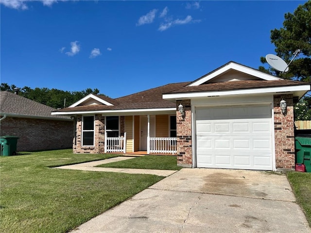 2506 S Sugar Ridge Dr, La Place, LA 70068 - ranch-style house with a porch, concrete driveway, a front yard, a garage, and brick siding