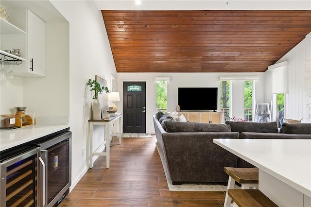 132 Pine Oak Dr, Covington, LA 70433 - living area with lofted ceiling, wine cooler, wood ceiling, a bar, and dark wood-style floors
