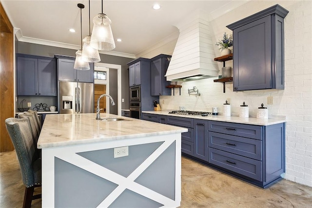 531 N Caleb Dr, Slidell, LA 70461 - kitchen featuring a sink, stainless steel appliances, crown molding, light stone countertops, and decorative light fixtures