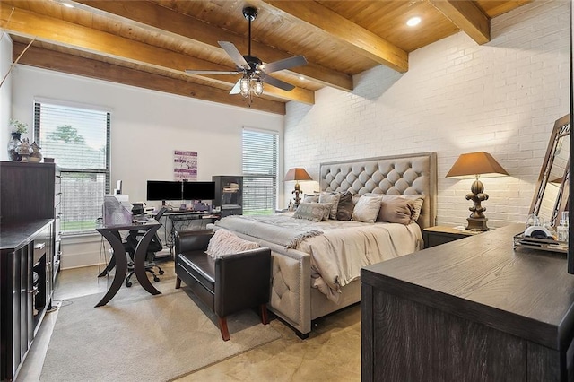 531 N Caleb Dr, Slidell, LA 70461 - bedroom featuring wood ceiling with exposed beams, multiple windows, brick wall, and ceiling fan