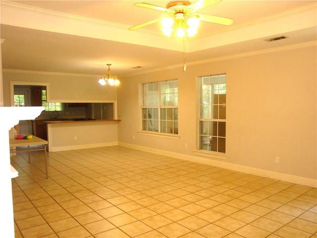 20282 Florence St, Covington, LA 70435 - unfurnished living room featuring crown molding, light tile patterned floors, ceiling fan, a chandelier, and a sink