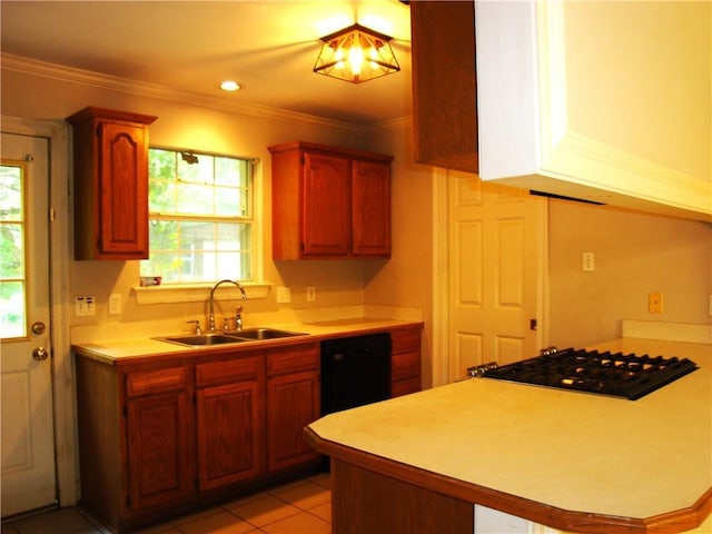 20282 Florence St, Covington, LA 70435 - kitchen featuring a sink, black appliances, light countertops, plenty of natural light, and ornamental molding