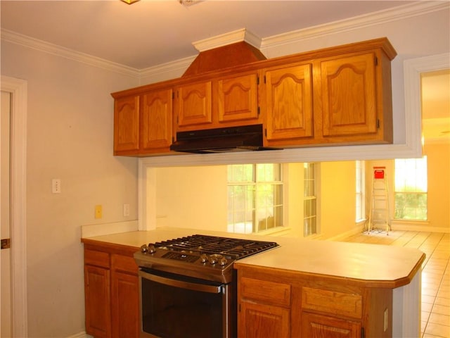 20282 Florence St, Covington, LA 70435 - kitchen with under cabinet range hood, stainless steel range with gas stovetop, plenty of natural light, light countertops, and ornamental molding