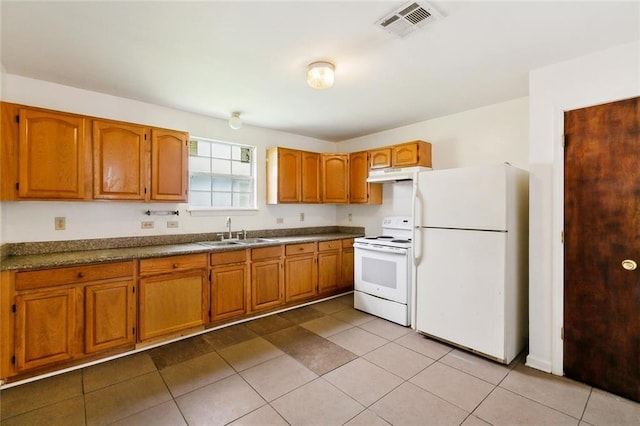 811 Tricou St, New Orleans, LA 70117 - kitchen featuring white appliances, under cabinet range hood, brown cabinetry, a sink, and tile patterned flooring