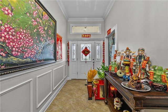 11276 Fernley Dr, New Orleans, LA 70128 - tiled entryway with crown molding and a wainscoted wall