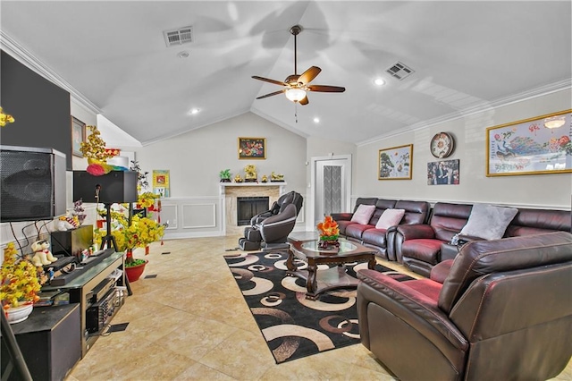 11276 Fernley Dr, New Orleans, LA 70128 - tiled living area with a decorative wall, crown molding, ceiling fan, lofted ceiling, and wainscoting