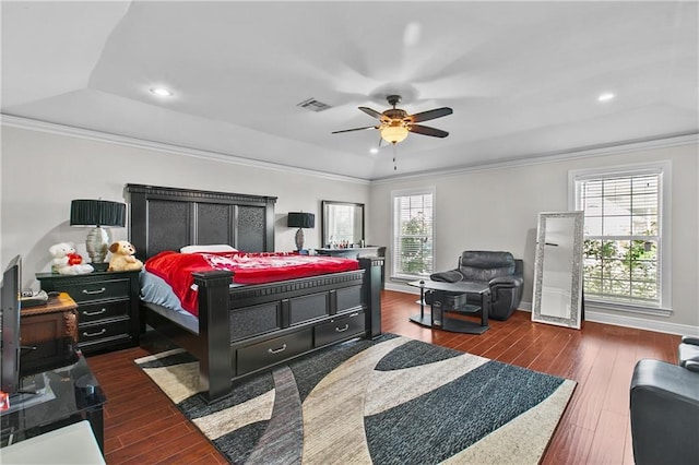 11276 Fernley Dr, New Orleans, LA 70128 - bedroom featuring hardwood / wood-style floors, crown molding, recessed lighting, baseboards, and a ceiling fan