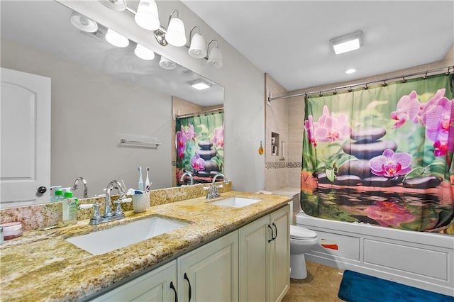 11276 Fernley Dr, New Orleans, LA 70128 - full bath with toilet, double vanity, shower / bath combination with curtain, and recessed lighting
