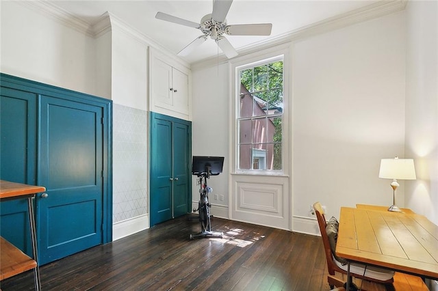 1633 Dufossat St, New Orleans, LA 70115 - office with dark wood-style flooring, ornamental molding, a ceiling fan, and wainscoting