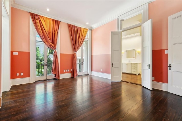 1633 Dufossat St, New Orleans, LA 70115 - unfurnished room with hardwood / wood-style floors, crown molding, baseboards, french doors, and recessed lighting