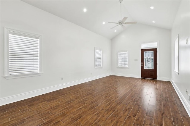 3316 Calhoun St, New Orleans, LA 70125 - foyer featuring ceiling fan, dark wood finished floors, high vaulted ceiling, and baseboards