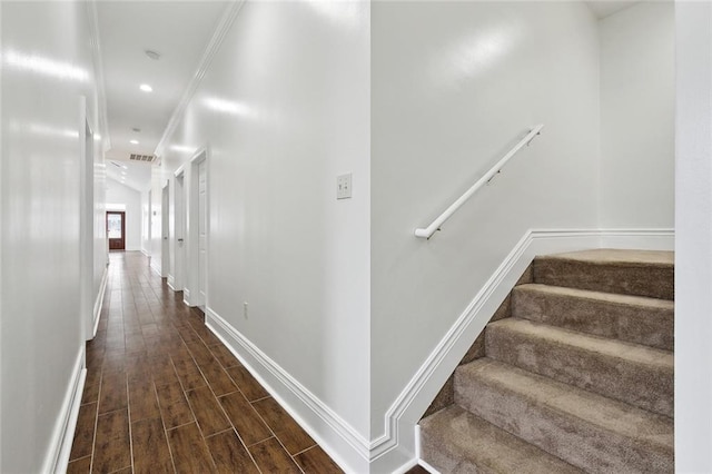 3316 Calhoun St, New Orleans, LA 70125 - hallway with baseboards, wood finished floors, stairway, and crown molding