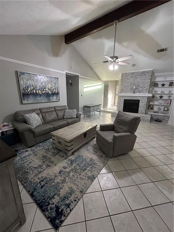 1705 Armagh Dr, Marrero, LA 70072 - living area featuring light tile patterned floors, a ceiling fan, and a brick fireplace