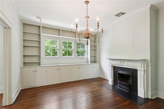 1665 Dufossat St, New Orleans, LA 70115 - unfurnished living room featuring a chandelier, crown molding, a fireplace, dark wood-style floors, and baseboards