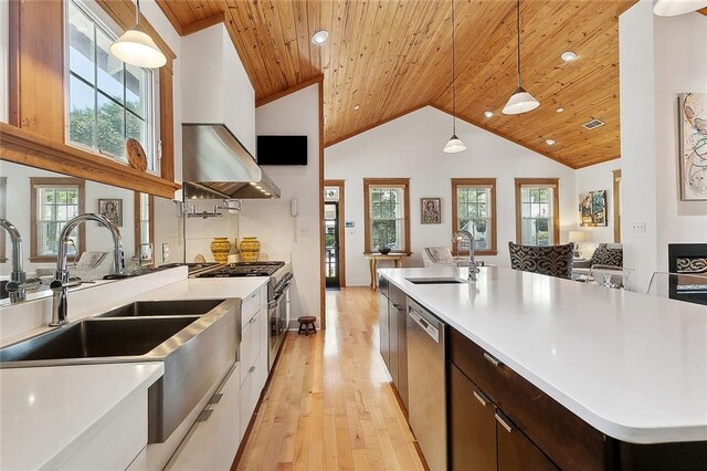 602 Jefferson Ave, New Orleans, LA 70115 - kitchen featuring stainless steel appliances, a sink, wood ceiling, modern cabinets, and range hood